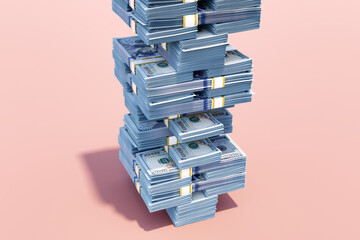 Precarious Wealth: A Jenga Tower of Dollar Bundles Teetering on Risk