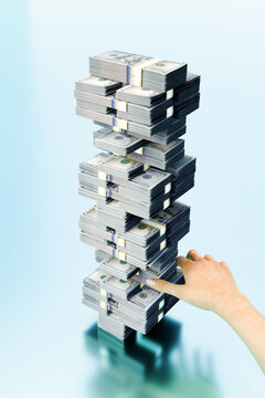 Precarious Wealth: A Jenga Tower of Dollar Bundles Teetering on Risk