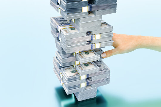 Precarious Wealth: A Jenga Tower of Dollar Bundles Teetering on Risk