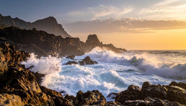 Coastal scene captures waves crashing against rocky shoreline at sunset