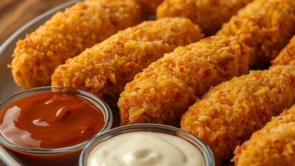 A close-up shot of large, crispy chicken tenders arranged on a plate, with dipping sauces like BBQ, spicy mayo, and ranch on the side.