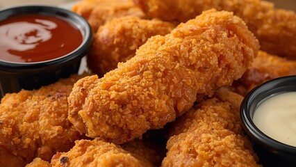 A close-up shot of large, crispy chicken tenders arranged on a plate, with dipping sauces like BBQ, spicy mayo, and ranch on the side.
