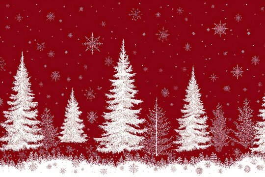 Winter Forest Silhouette Against Red Background with Falling Snowflakes