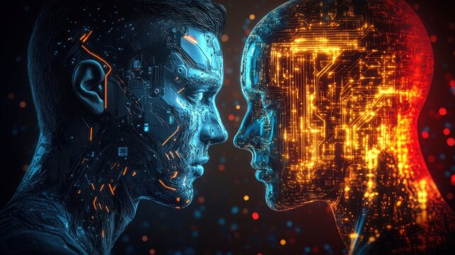 A dynamic showdown between human strength and AI intelligence in a neon digital arena illuminated by vibrant circuits and binary code