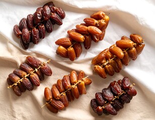 Six bundles of dates still on their stems, showcasing color variation on a draped white and beige linen background.