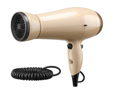 Beige Electric Hair Dryer PNG with Diffuser Attachment and Cord, Transparent Background.