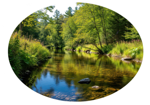 Serene forest landscape reflected in calm rippling water amidst lush greenery transparent background