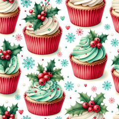 Holly Cupcakes Christmas Seamless Pattern