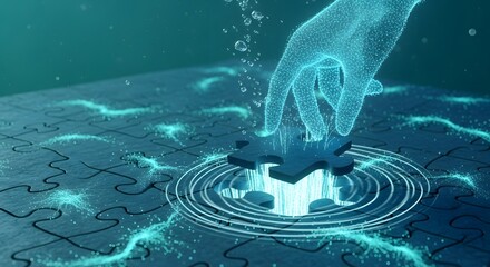 Digital transformation and abstract business strategy. Problem solving and innovation. Holographic hand placing a puzzle piece into a glowing hole in a jigsaw