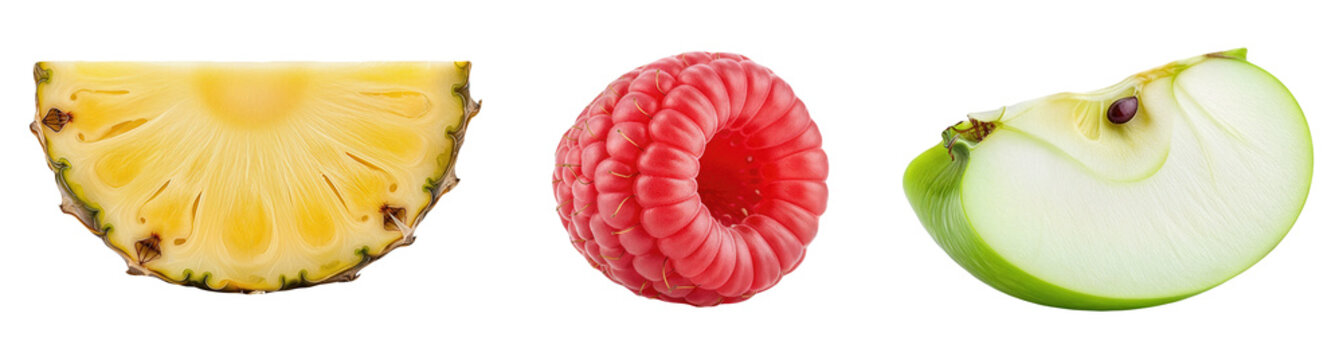 Close up of fresh tropical pineapple slice bright red raspberry and green apple wedge isolated on transparent background healthy raw fruit assortment for diet