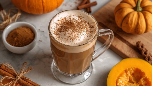 Pumpkin Spice Latte, creamy coffee blended with pumpkin puree and warm spices, topped with whipped cream, cozy autumn beverage visuals