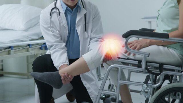 Medical Examination of Patient in Wheelchair Hospital Room Healthcare Content Clinical Environment Close-Up Viewpoint Injury Assessment