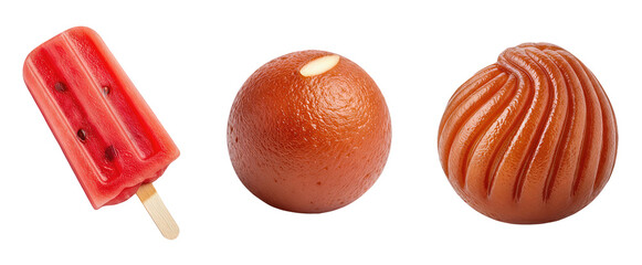 Assortment of three sweet treats Watermelon Popsicle and two Indian sweets Gulab Jamun and a different textured sweet isolated on transparent background for