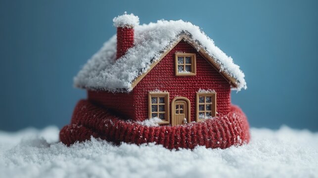 A cozy blue house wrapped in a knitted scarf for warmth against the cold winter season indoors