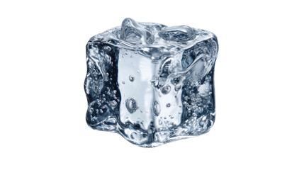Spinning translucent ice cube captured in mid motion, crystal clear frozen water block rotating with refreshing cool effect isolated on white background
