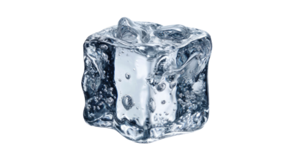 Spinning translucent ice cube captured in mid motion, crystal clear frozen water block rotating with refreshing cool effect isolated on white background