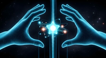 Quantum physics and the creation of an energy-powered concept. Cosmic force and scientific power. Two glowing blue hands surrounding an atomic star formation in space