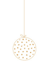 Hanging round glass Christmas tree toy with stars, vector line illustration, flat design. Festive New Year Decorative Golden Element Isolated on White for design, decoration, postcard, poster