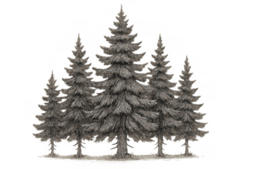 Coniferous trees standing in a monochrome winter forest, covered with snow and isolated on a transparent background