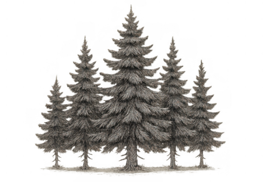 Coniferous trees standing in a monochrome winter forest, covered with snow and isolated on a transparent background