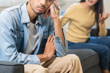 Family problem concept. Tension in relationship between married couple, husband and wife staying...