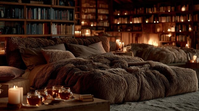 Cozy and Warm Bedroom with Soft Textures and Ambient Lighting