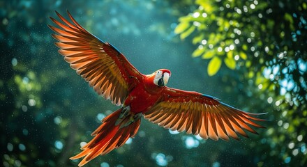 Tropical Flight: Vibrant Scarlet Macaw Soaring Through the Jungle