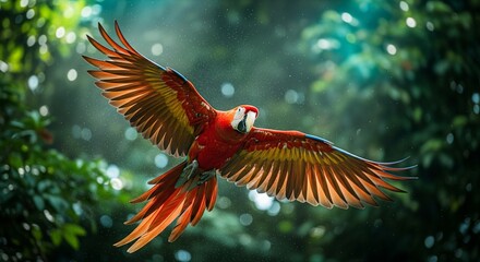 Feathers and Light: Macaw Flying with Wings Extended in Sunlight