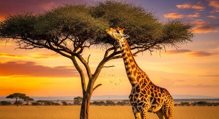 Acacia Sunset: Giraffe Feeding from a Tree Against a Golden Sky