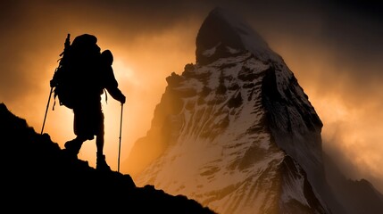 Adventurous Hiker Climbing Mountain at Sunset with Dramatic Sky