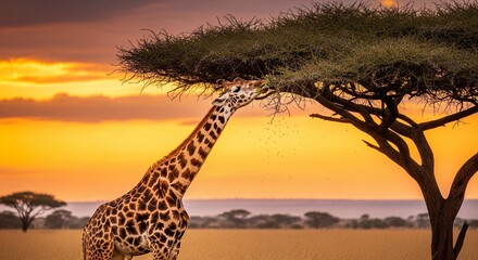 Tallest Grazer: Giraffe Eating Leaves in African Savannah at Dusk