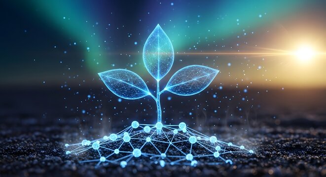 Digital agriculture technology and connected farming system. Plant genetic engineering and data network. Glowing polygonal plant growing in soil under aurora light