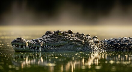 Intense Gaze: Close-up of a Crocodile with Teeth Visible at Water Level