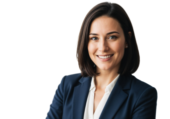 Professional woman in business attire smiles confidently against plain background in a bright setting