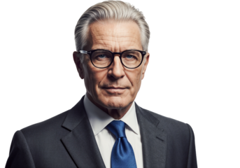 Professional man in formal suit with glasses posing confidently in a studio setting during daytime