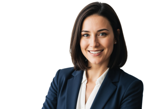 Professional woman in business attire smiles confidently against plain background in a bright setting