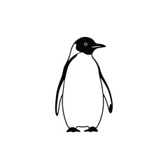 Minimalist black and white illustration of a charming emperor penguin, capturing the essence of cold climate wildlife and natural beauty in a simple graphic design concept