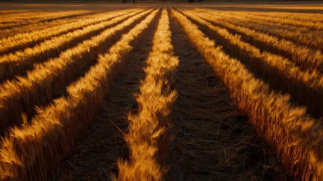 Golden Wheat Field Bathed in Warm Sunset Light, Rows of Grain Swaying Gently.