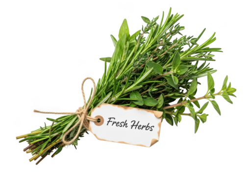 Bunch of fresh herbs tied with twine and a tag labeled fresh herbs transparent background