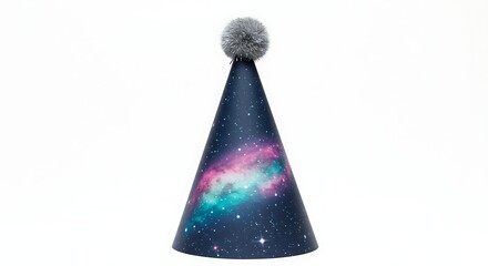 Cosmic galaxy birthday party hat with grey pom-pom