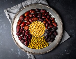 A silver platter with assorted dates and a central bowl of roasted yellow chickpeas, resting on a dark, textured surface.