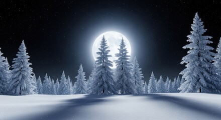 Magical winter forest scene with a bright full moon illuminating snow covered pine trees