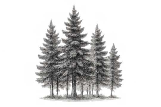 Hand drawing evergreen coniferous trees with snow-covered branches, depicting a winter forest scene on transparent background