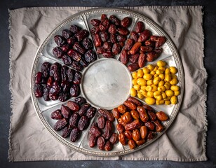 A silver, round, segmented serving platter filled with some varieties of dates, including fresh yellow Balah or unripe dates.