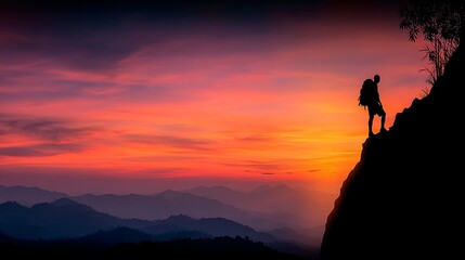 Obraz premium Adventurer Standing on Cliff Edge Against Vibrant Sunset Sky