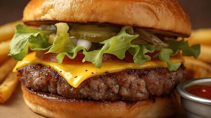 A close-up shot of a juicy smash burger, with a perfectly seared patty, melted cheese, fresh lettuce, pickles, and onions, all tucked into a soft, toasted bun. 