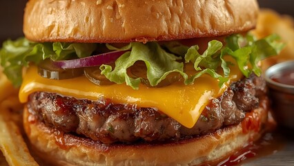 A close-up shot of a juicy smash burger, with a perfectly seared patty, melted cheese, fresh lettuce, pickles, and onions, all tucked into a soft, toasted bun. 