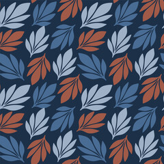 Modern seamless leaf pattern in a sophisticated blue and rust color palette for elegant textile and wallpaper