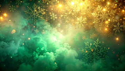 Festive Winter Wonderland Shimmering Snowflakes Amidst Emerald and Golden Hues, Christmas Background