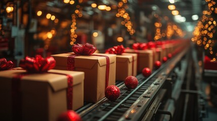 Festive conveyor belt transporting neatly wrapped gift boxes amidst a vibrant Christmas ambiance filled with twinkling lights and holiday decorations
